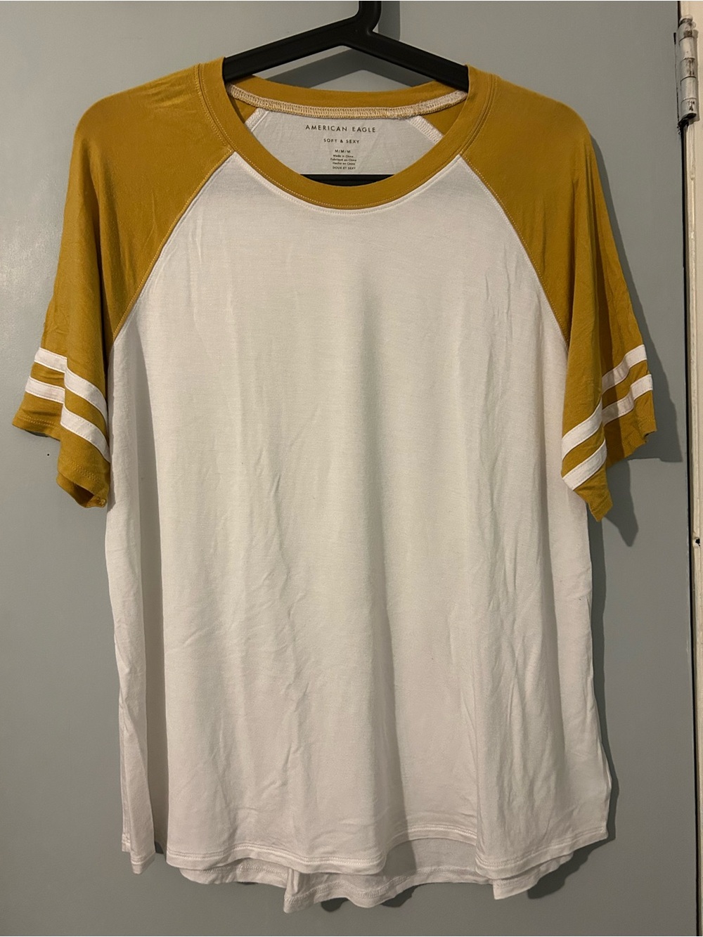 American Eagle Outfitters White Tee with Mustard Raglan Sleeves